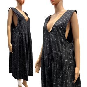 Vintage 80s Black Wool Jumper Dress | Oversized Speckled Pinafore w Pockets
